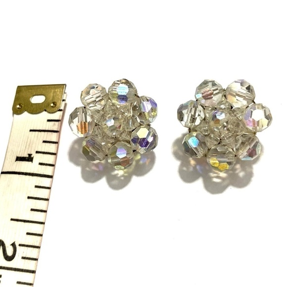 Vintage Aurora Borealis AB Crystal Beaded Cluster Silver Tone Clip On Earrings - Picture 3 of 6